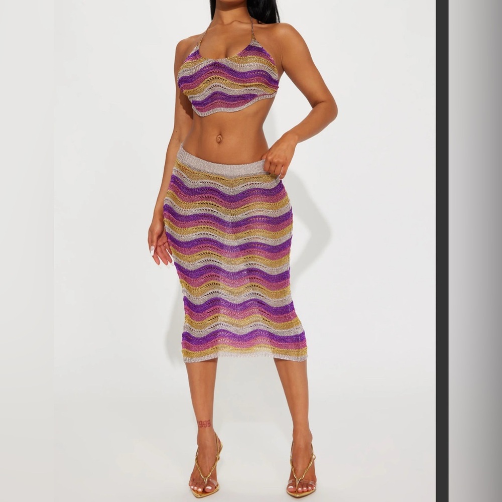 Metallic Crochet Skirt Set - Purple/combo